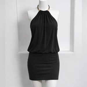 Laundry by Shelli Segal Black Halter Mini Dress Metal Ring Blouson Jersey Size 0
